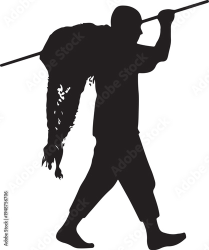 Silhouette of a Man Walking and Carrying a Heavy Bundle on a Pole