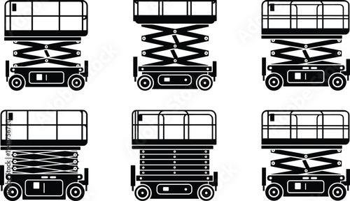 Scissor lift platform silhouettes collection, mobile elevated work platform machines for construction maintenance vector illustration set