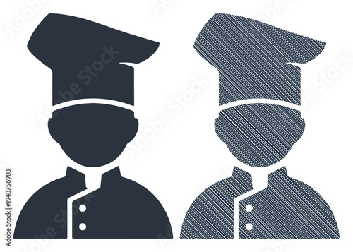 Two chefs in traditional uniform and hats, one solid and one sketched style