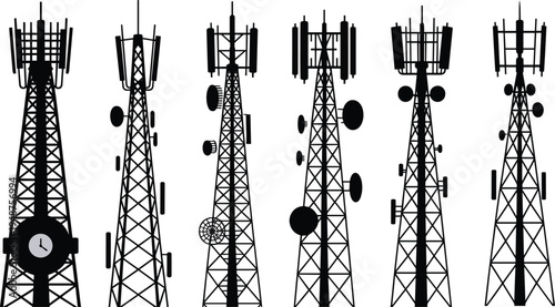 Telecommunication tower silhouettes with antennas and satellite dishes, wireless network infrastructure concept, mobile signal transmission vector illustration set