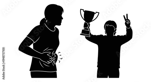 A mother and son celebrating a triumphant moment together with contrasting emotions Vector, illustration