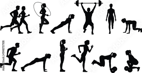 Collection of fitness workout silhouettes showing running jumping rope push ups weightlifting squats and bodyweight exercises for gym training healthy lifestyle sport activity vector set