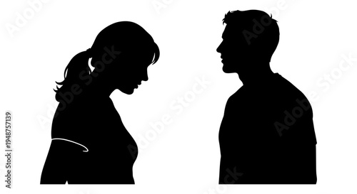 Silhouettes of a man and woman facing each other in thoughtful conversation. Vector, illustration