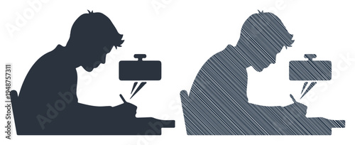 Focused child diligently writing at a desk with a lamp