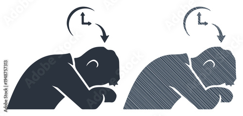 Tired person resting head on arms with time passing by