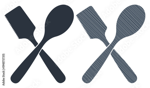 Crossed kitchen utensils, a solid silhouette and a textured illustration