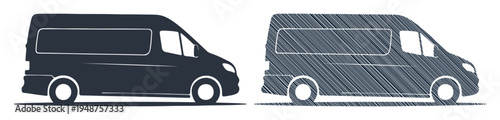 Side profile of a dark van and a sketched van, symbolizing delivery and design concepts.