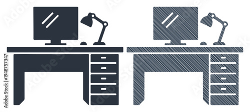 Modern workspace with computer, lamp, and drawers, symbolizing productivity and home office setup.