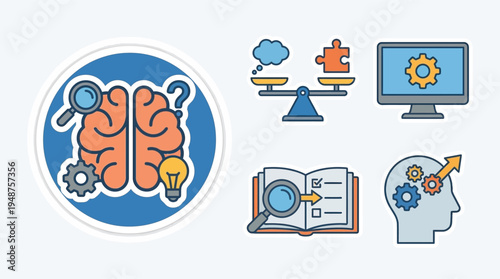 Collection of colorful flat design icons representing thinking, problem-solving, learning, and mental development processes.