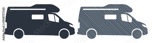 Two stylized camper vans, one solid and one with sketch texture, representing travel and adventure.