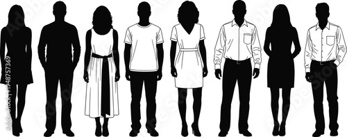 Set of diverse men and women standing silhouettes in casual and formal clothing isolated on white background for graphic design.