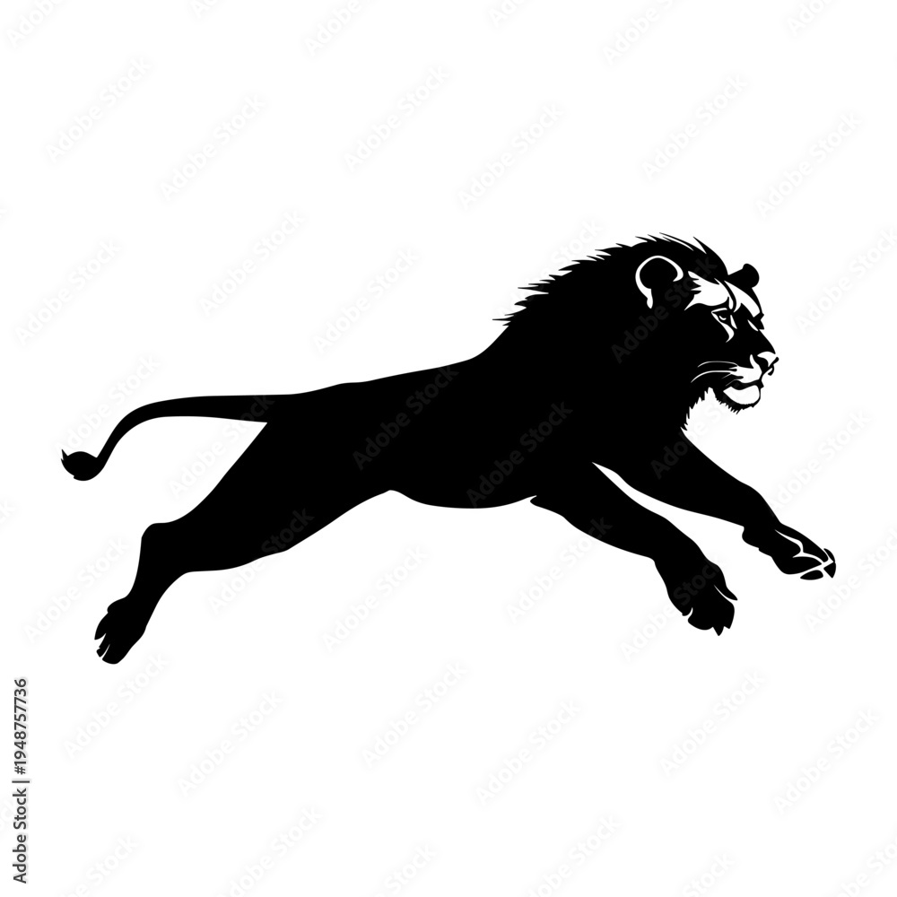 Fototapeta premium Silhouette of a powerful lion in motion, black and white.