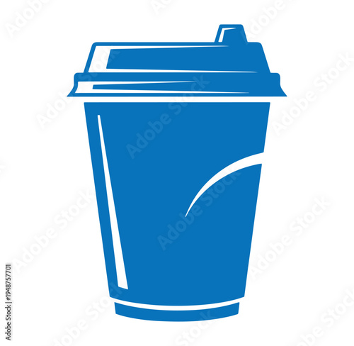 Blue disposable coffee cup with lid for hot beverages on white background