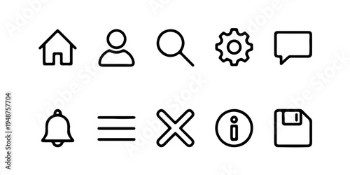 Minimalist black line UI UX web interface icon set for light mode, with home, search, user, settings, message, bell, menu, and save symbols