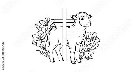 Young lamb standing with a Christian cross and beautiful lilies, black and white line art, isolated white background.