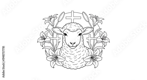 Peaceful lamb head surrounded by a decorative lily wreath, black and white line art, isolated white background.