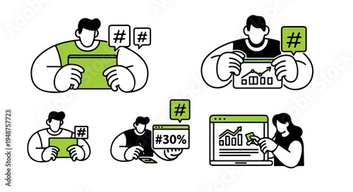 Set of 5 black and green line art illustrations of people with hashtags and data analysis