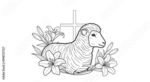 Gentle lamb standing near a Christian cross adorned with elegant lilies, black and white line art, isolated white background.