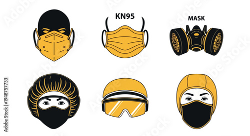 Set of 6 Yellow and Black Protective Face Mask and Safety Gear Icons Vector