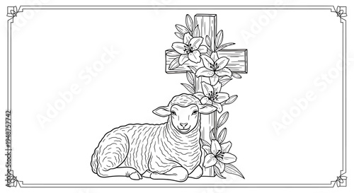 Serene lamb resting next to a cross decorated with elegant lilies, black and white line art, isolated white background, with ornate frame.