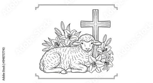 Peaceful lamb resting near a Christian cross adorned with beautiful lilies, black and white line art, isolated white background, with decorative border.
