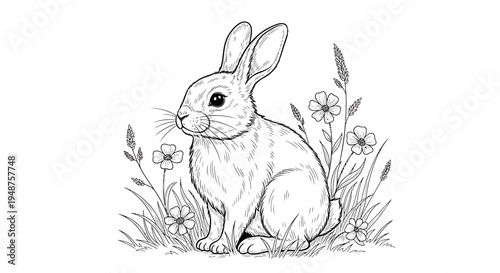 Cute rabbit sitting attentively in a field of green grass and wildflowers, black and white line art, isolated white background.