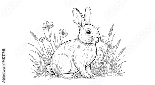Cute rabbit sitting peacefully in a field of tall grass and wildflowers, black and white line art, isolated white background.