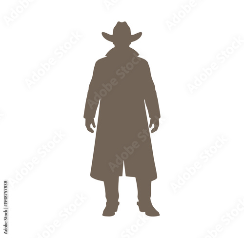 man in cowboy hat and trench coat standing alone facing forward