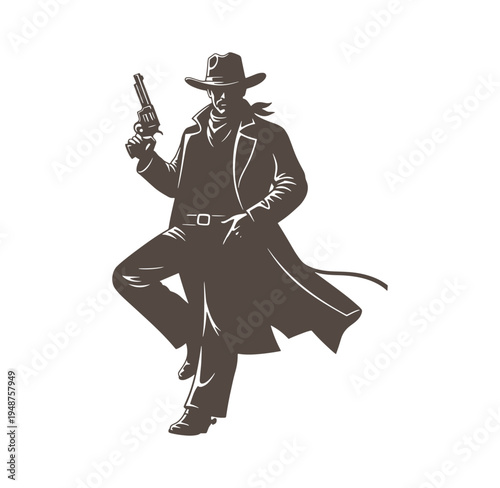 man in cowboy hat and coat holding a pistol in his right hand standing  gunslinger