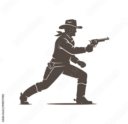 man in cowboy hat holding gun in aggressive stance isolated on white background