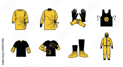 Set of 8 Yellow and Black Medical PPE Disposable Clothing Icons Vector