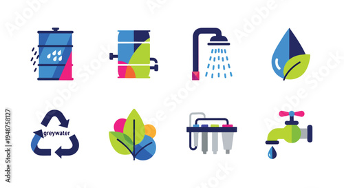 Sustainable water conservation icons, eco-friendly greywater recycling system symbols, 8 colorful flat vector elements for environmental infographics
