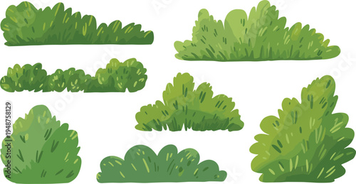 Collection of hand drawn green bush and shrub illustrations isolated on white background, cartoon style foliage elements for landscape design, game assets, nature decoration