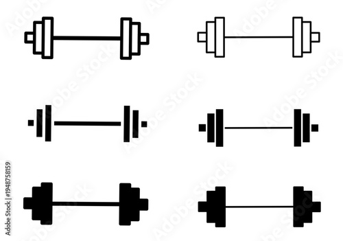 Set of various dumbbell and barbell icons with different weights and stroke thicknesses for gym fitness and bodybuilding weightlifting sports