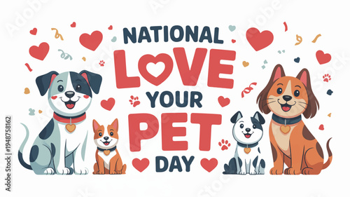 National love your pet day banner with happy dogs and hearts celebrating pet love and friendship with cute animals