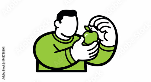 Minimalist cartoon man holding green apple, healthy lifestyle character illustration, person choosing fresh fruit for diet and nutrition