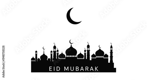 An eid mubarak greeting featuring a black silhouette of a mosque and crescent moon silhouette