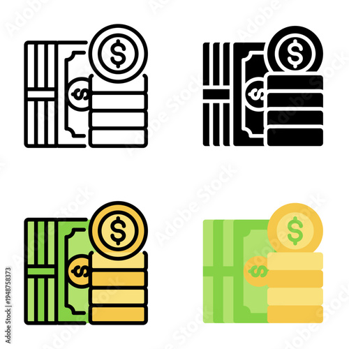 Money icon collection of various styles for design branding, print and digital media