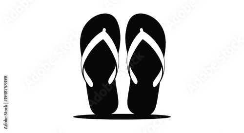 A pair of black flip flops with white detailing are prominently displayed as a clean silhouette