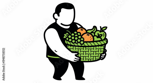 Stylized black and white illustration of a man carrying a green fruit basket