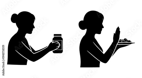 Two silhouettes preparing and serving food in contrasting ways Vector, illustration