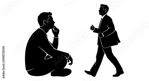 A contemplative man sitting while another walks by with a briefcase Vector, illustration