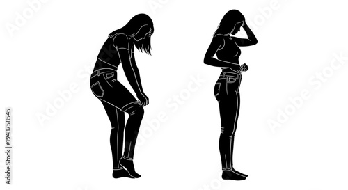 Two silhouettes demonstrating contrasting body language and posture in casual attire Vector, illustration