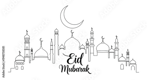 A delicate line art cityscape depicts a crescent moon and Eid Mubarak greeting silhouette high quality