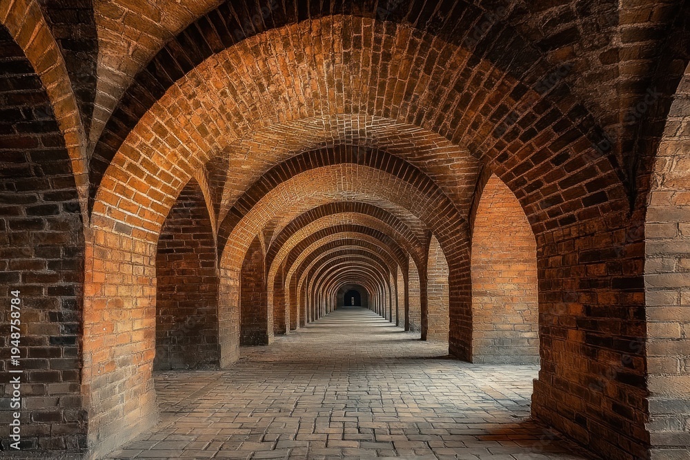 Fototapeta premium long brick vaulted corridor with repeating arches and paved floor, warm light and shadow leading to a distant doorway, evoking a quiet mysterious atmosphere