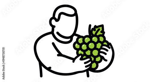 Minimalist line art man holding green grapes, simple vector illustration of a farmer with fresh fruit, organic vineyard harvest concept eps