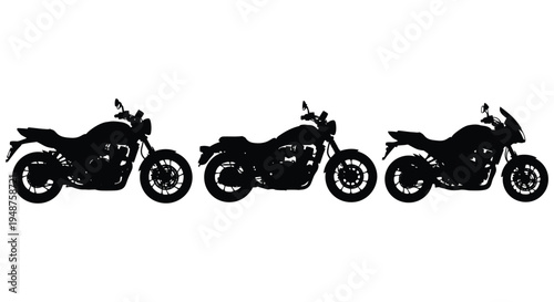 Three distinct motorcycle profiles are presented in a stark black graphic silhouette high quality professional detailed