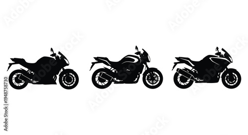 Three modern sportbike motorcycles are displayed in a stark dramatic black silhouette high quality professional detailed