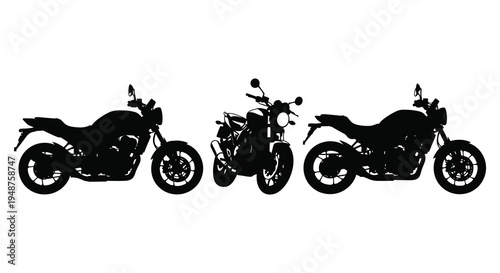 Three motorcycles are displayed in a stark black silhouette against a white background silhouette high quality