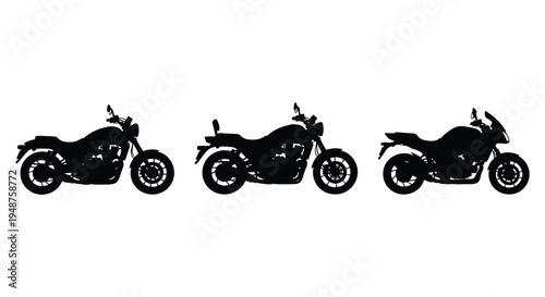 A row of three motorcycle silhouettes showcases varying designs and styles presented in black silhouette